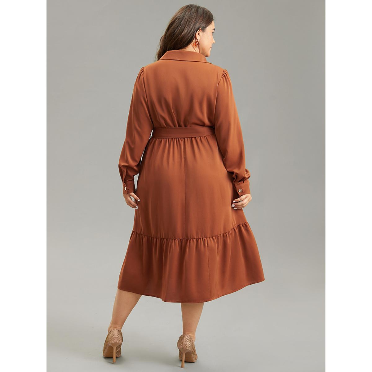 Plus Size Anti-Wrinkle Patchwork Button Up Belted Dress Rust Women Office Plain Lapel Collar Long Sleeve Curvy Midi Dress BloomChic 12/L Product Image