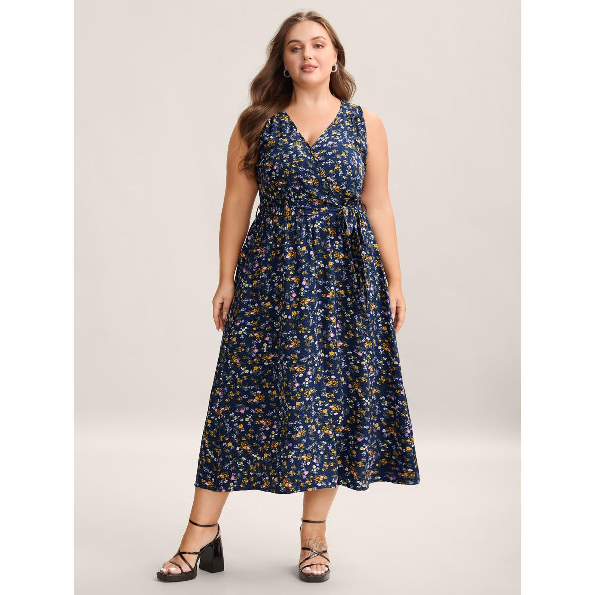 Plus Size Stretch Woven Floral Belted Pockets Midi Dress Navy Women Elegant Belted Overlap Collar Sleeveless Curvy BloomChic 22-24/3X Product Image