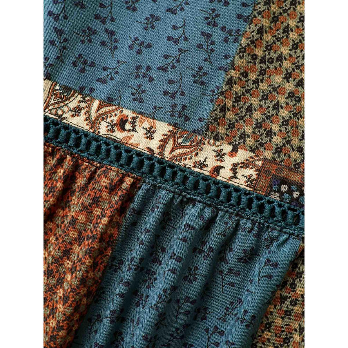 Plus Size Floral Collage Lace Spliced Wide-Leg Pants Women Multicolor Boho Wide Leg Mid Rise Vacation Pants BloomChic 22-24/3X Product Image