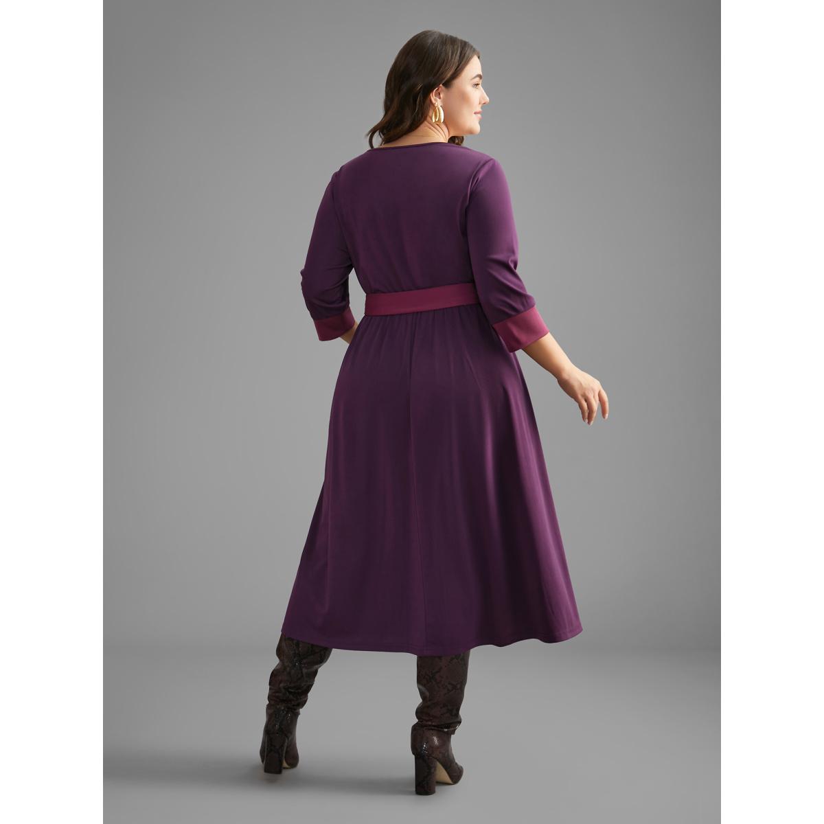 Plus Size Overlap Collar Contrast Belted Midi Dress Deeppurplered Women Elegant Belted Overlap Collar Elbow-length sleeve Curvy BloomChic 18-20/2X Product Image