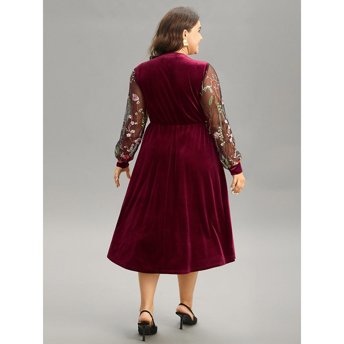 Plus Size Floral Embroidered Patchwork Lace Velvet Mesh Dress Burgundy Women Elegant Velvet Round Neck Long Sleeve Curvy Midi Dress BloomChic 10/M Product Image