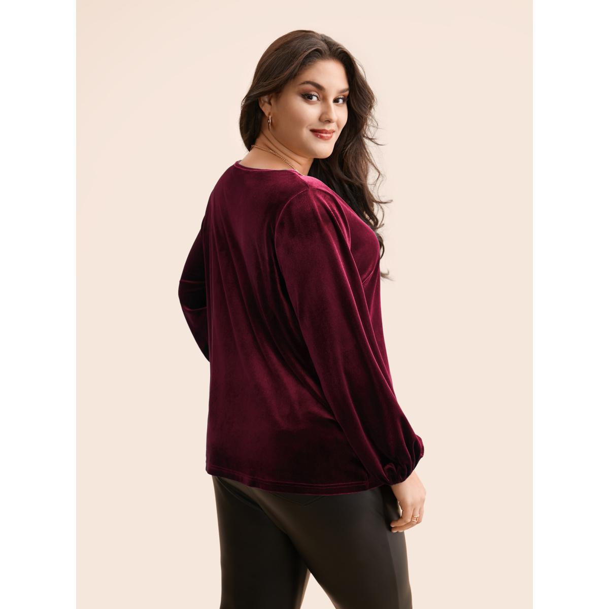 Plus Size Burgundy V Neck Velvet Lantern Sleeve Blouse Women Elegant Long Sleeve V-neck Everyday Blouses BloomChic 10/M Product Image