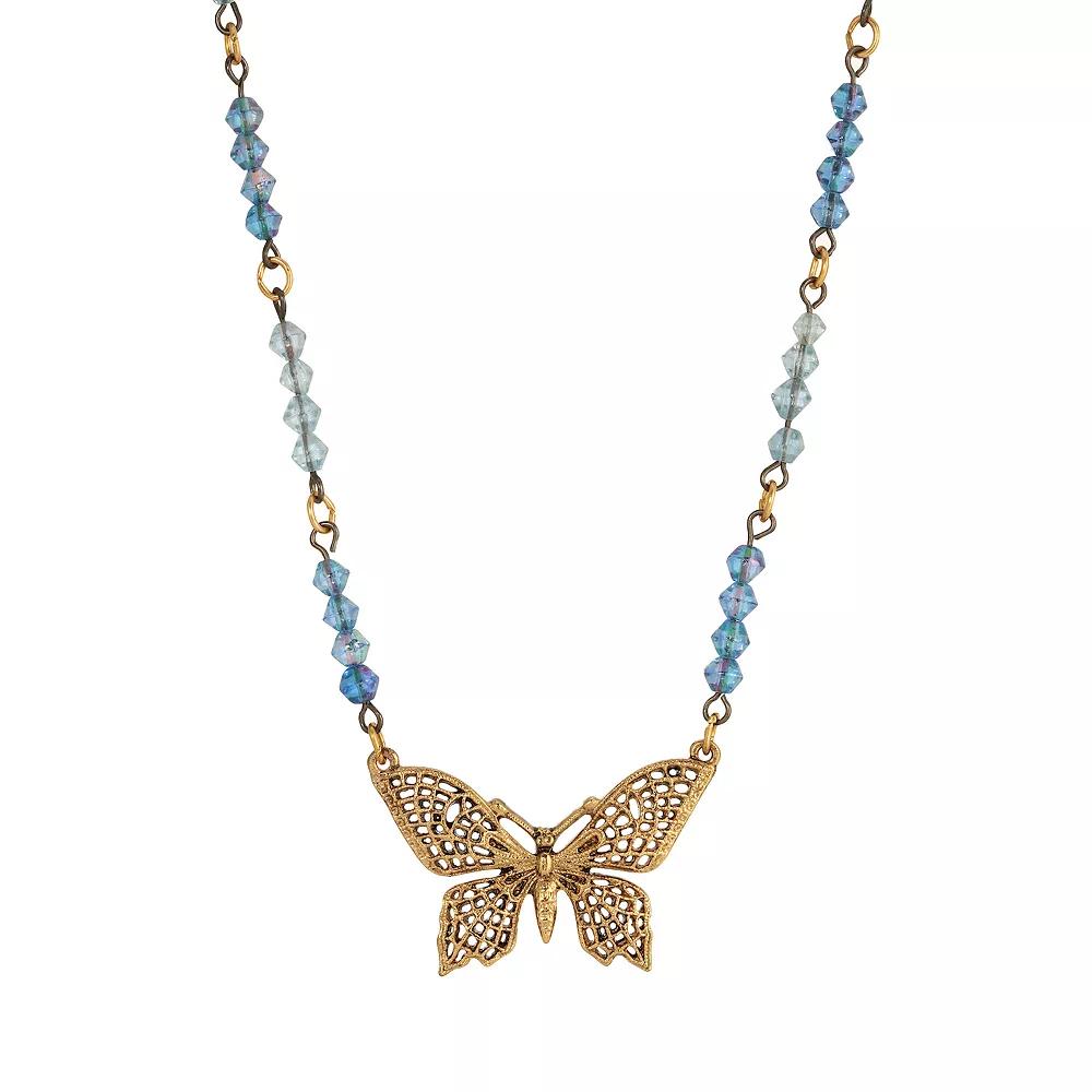 1928 Gold Tone Blue Butterfly Necklace, Womens Product Image