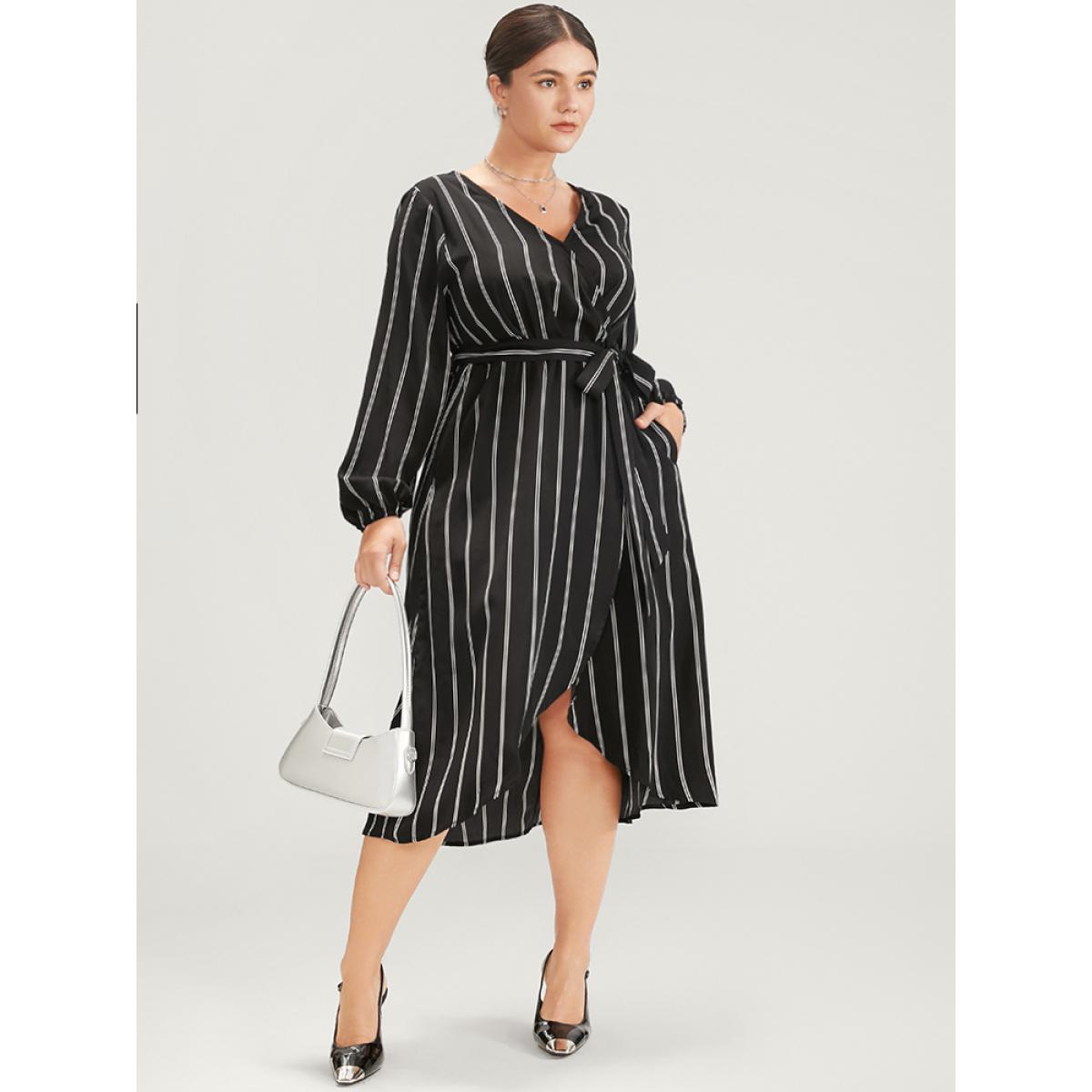 Plus Size Striped Lantern Sleeve Pocket Wrap Midi Dress Black Women Office Cross straps V-neck Long Sleeve Curvy Midi Dress BloomChic 14-16/1X Product Image