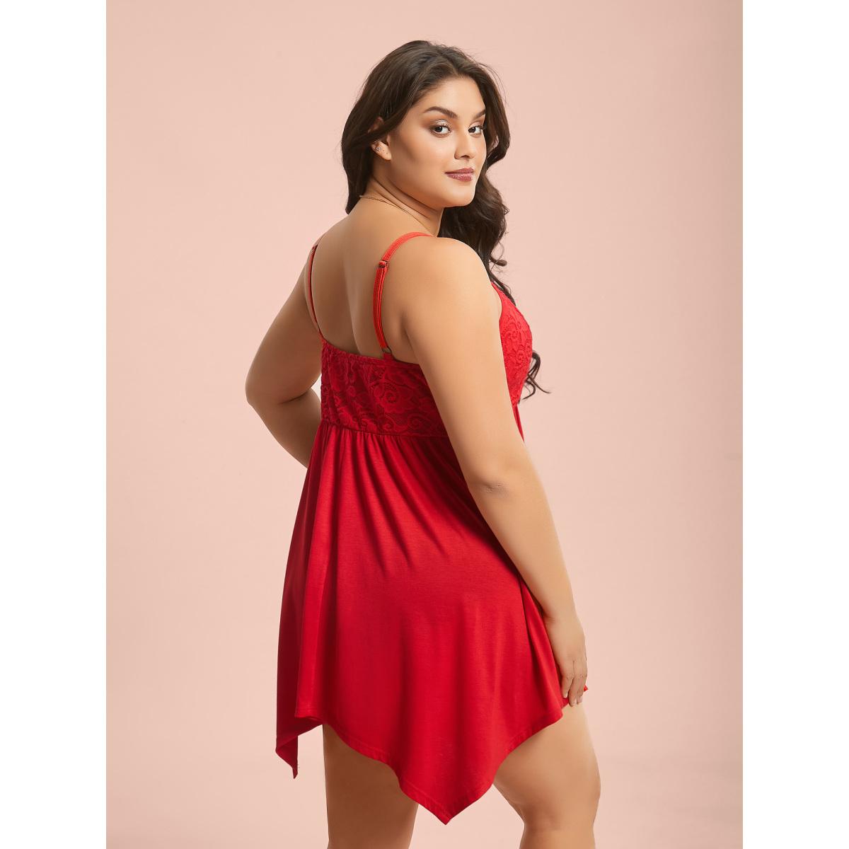 Plus Size Bowknot Crochet Lace Asymmetrical Hem Lounge Dress Women Brightred Lounge Texture V-neck Loungewear BloomChic 26/4X Product Image