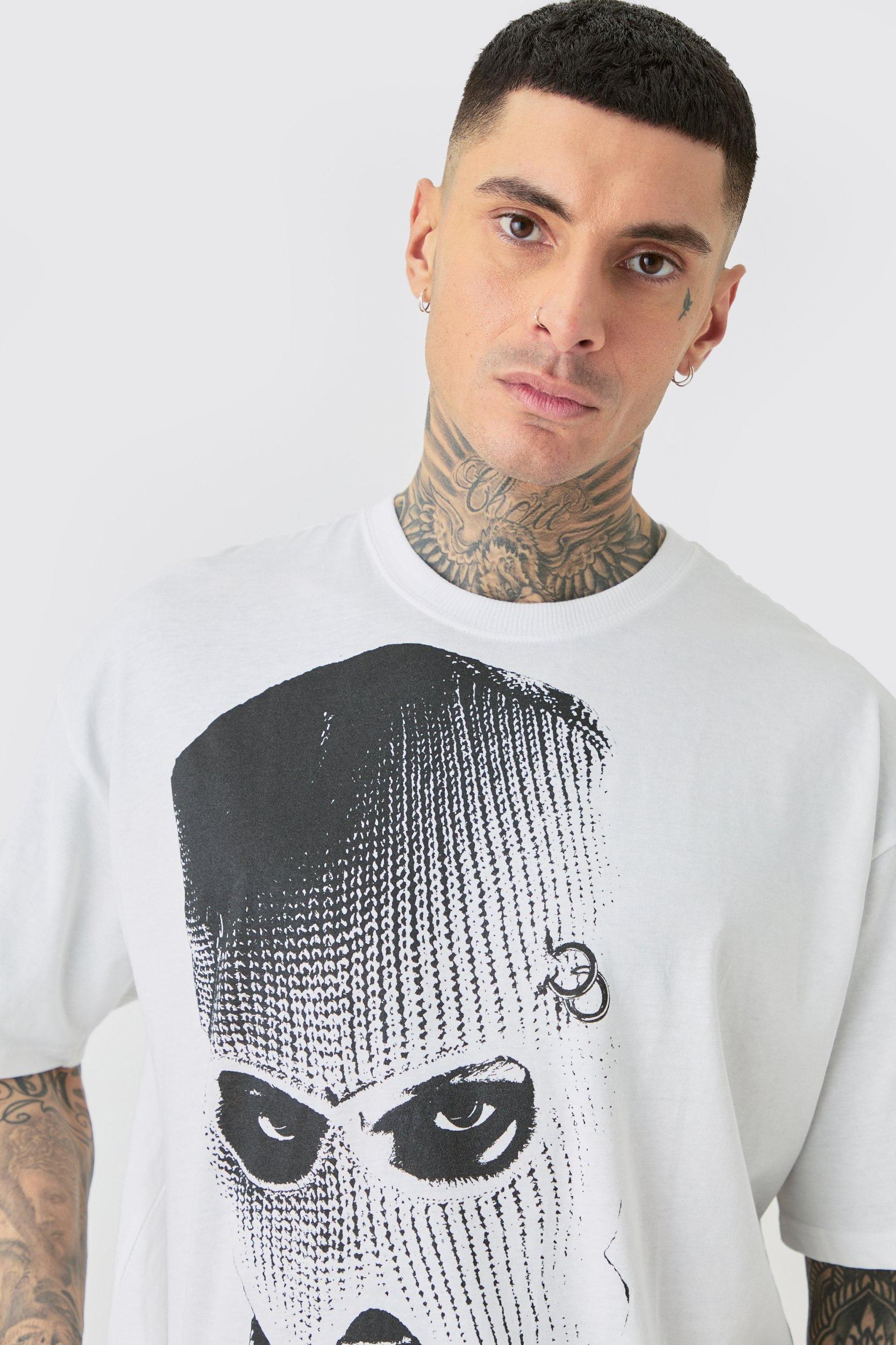 Tall Oversized Mono Balaclava Print T-shirt In White | boohooMAN USA Product Image