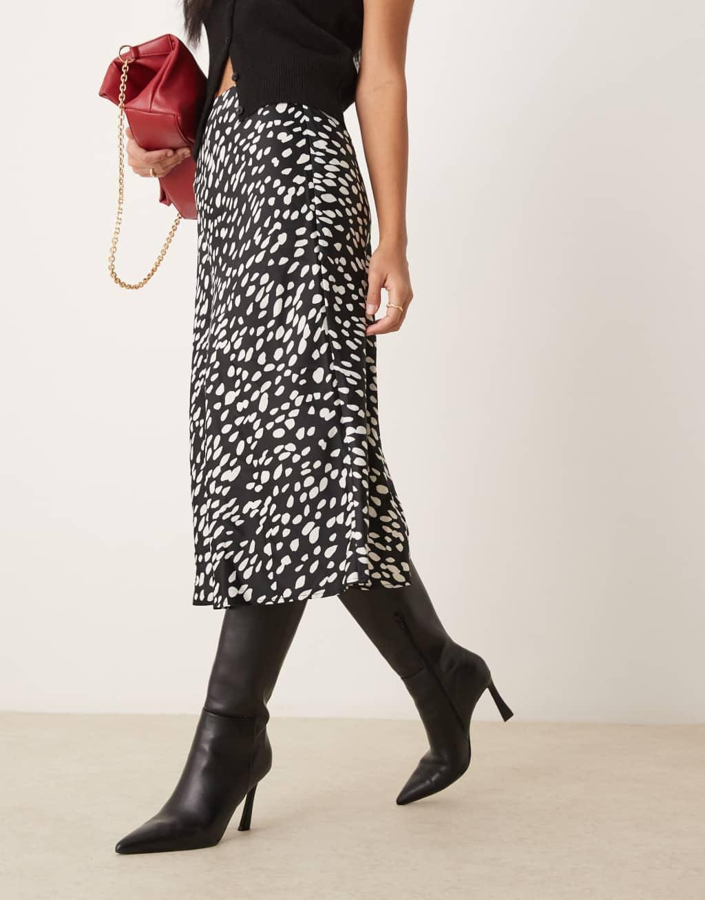 YAS satin midi skirt in black and white splotch print Product Image