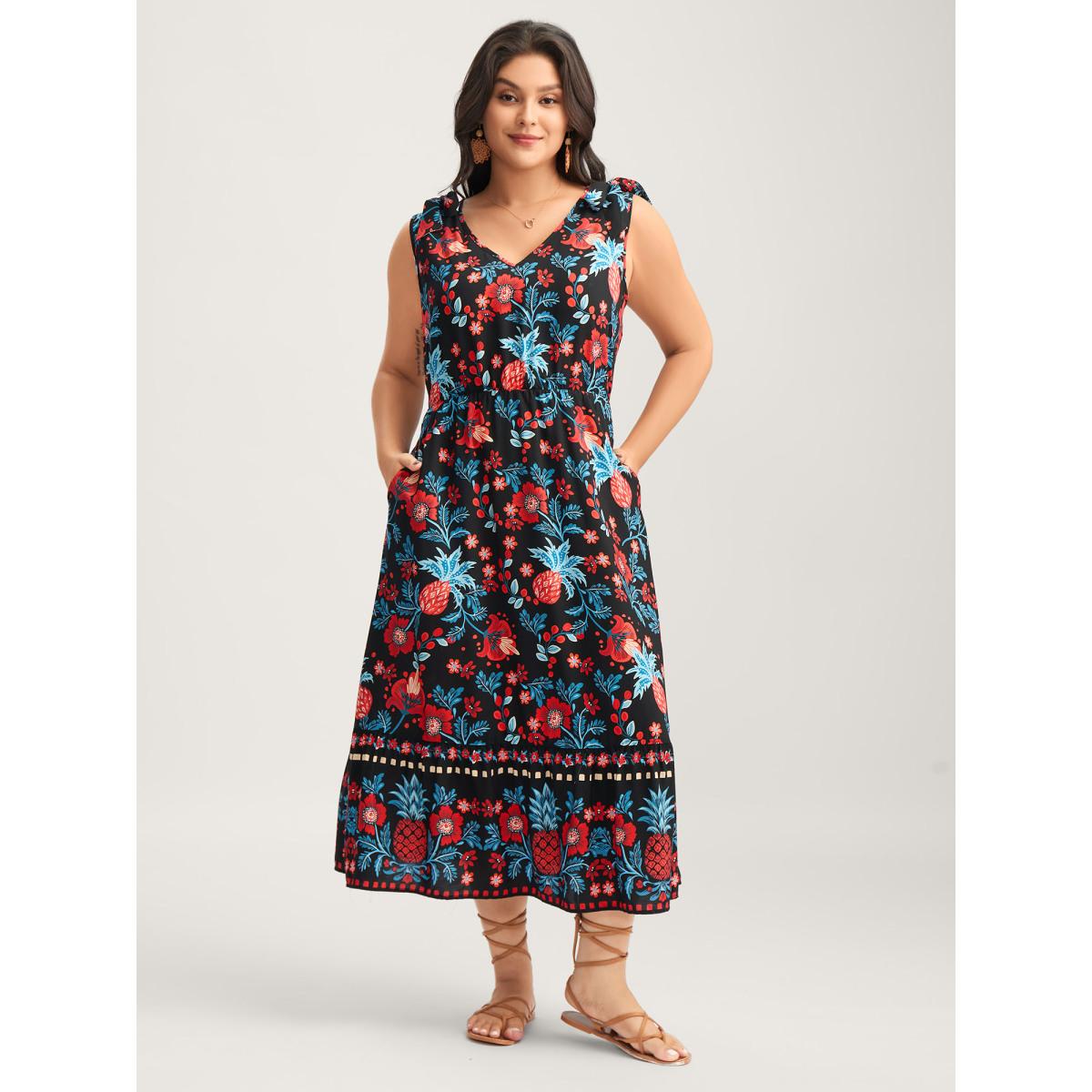 Plus Size Boho Print Shoulder Tie Midi Dress Multicolor Women Boho Gathered V-neck Sleeveless Curvy BloomChic 18-20/2X Product Image