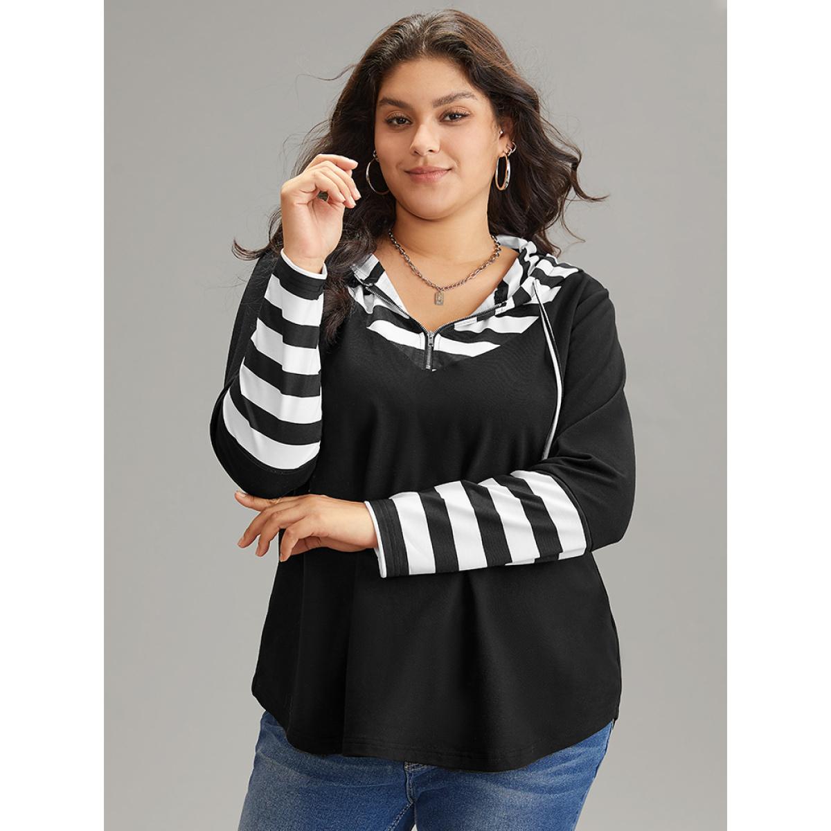 Plus Size Striped Patchwork Hooded Half Zip Sweatshirt Women Black Casual Zipper Hooded Dailywear Sweatshirts BloomChic 30/6X Product Image