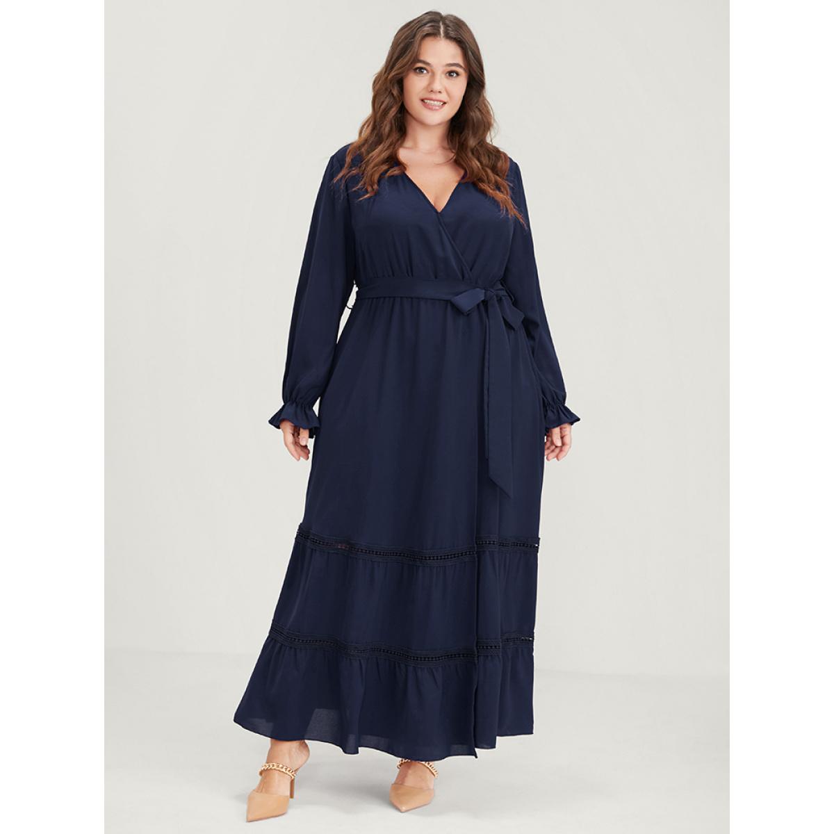 Plus Size Solid Lantern Sleeve Crochet Lace Button Ties Belted Maxi Dress DarkBlue Women Elegant Plain V-neck Long Sleeve Curvy Long Dress BloomChic 28/5X Product Image