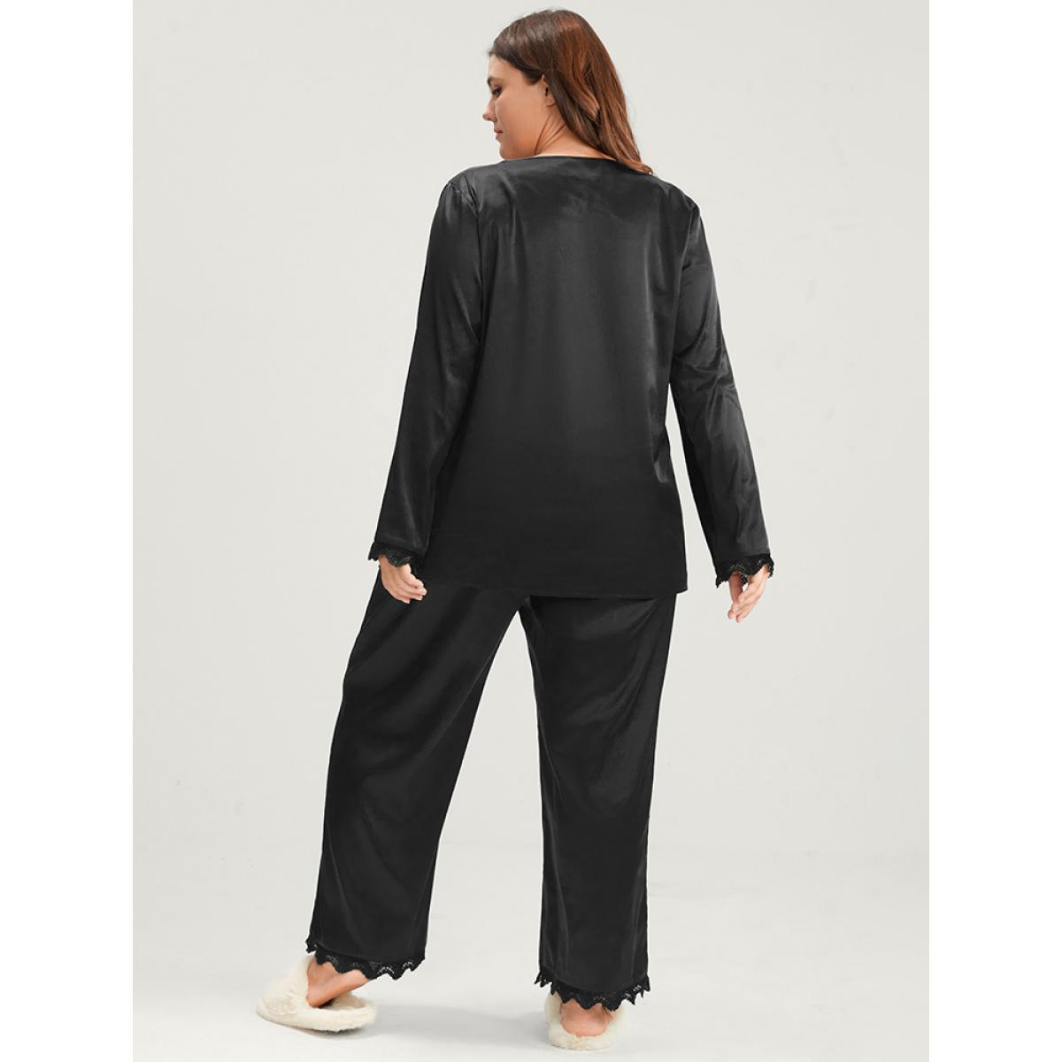 Plus Size Solid Button Up Lace Trim Satin Pajama Set Women Black Plain Long Sleeve V-neck Casual Loungewear Sets BloomChic 10/M Product Image