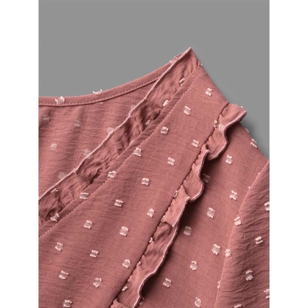 Plus Size Rouge V Neck Ruffle Trim Elastic Cuffs Blouse Women Elegant Long Sleeve V-neck Everyday Blouses BloomChic 28/5X Product Image