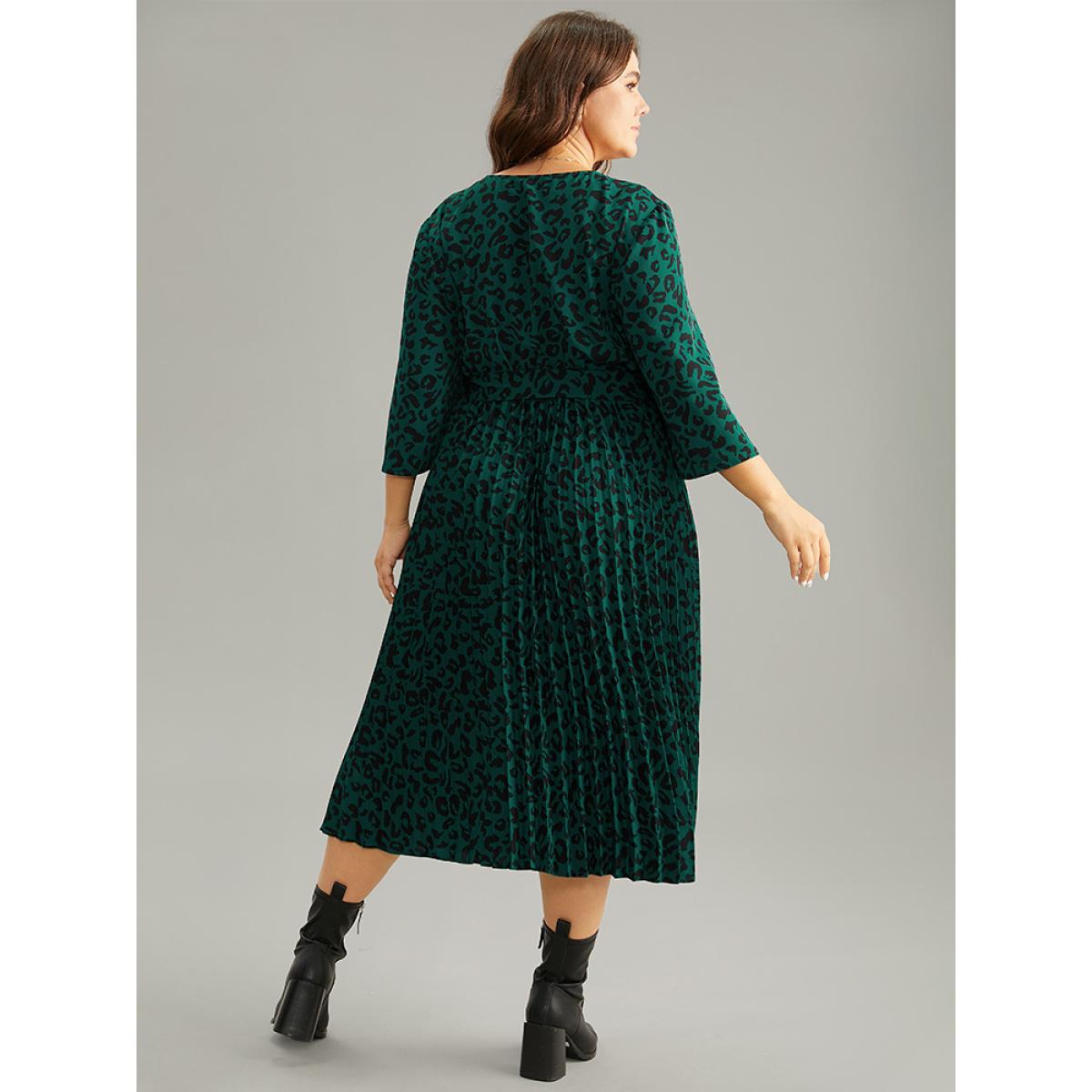 Plus Size Leopard Wrap Elastic Waist Pleated Belted Dress Cyan Women At the Office Wrap Overlap Collar Elbow-length sleeve Curvy Midi Dress BloomChic 12/L Product Image