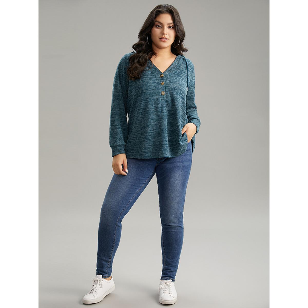 Plus Size Plain Heather Button Up Hooded Drawstring Sweatshirt Women Cyan Casual Texture Hooded Dailywear Sweatshirts BloomChic 22-24/3X Product Image