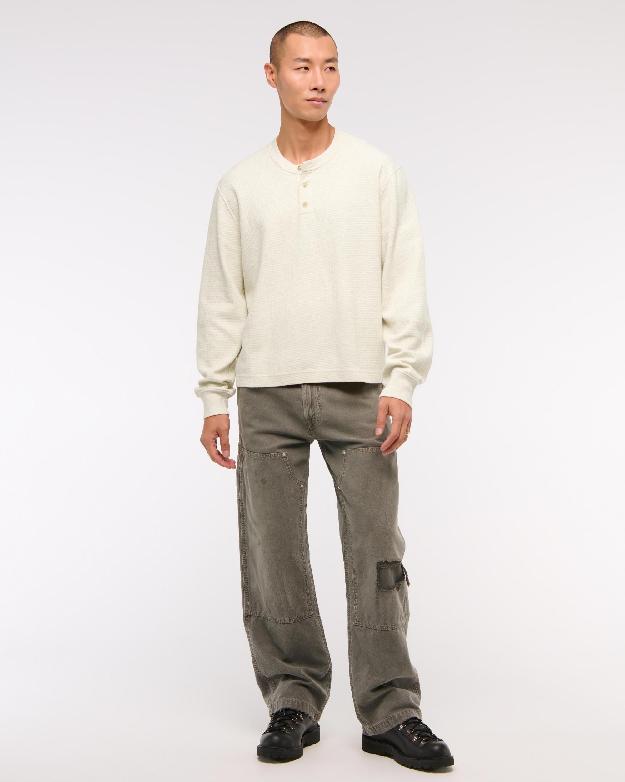 Long-Sleeve Grid Waffle Cropped Henley Product Image