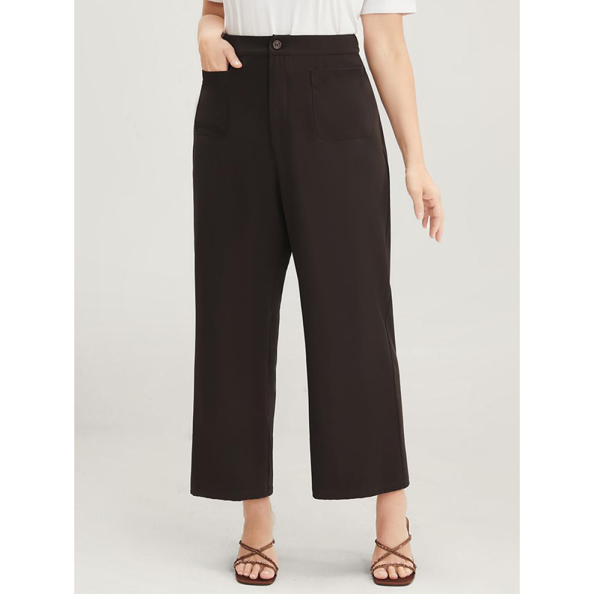 Plus Size Plain Pocket Front Wide Leg High Rise Pants Women DarkBrown Office Wide Leg High Rise Work Pants BloomChic 30/6X Product Image