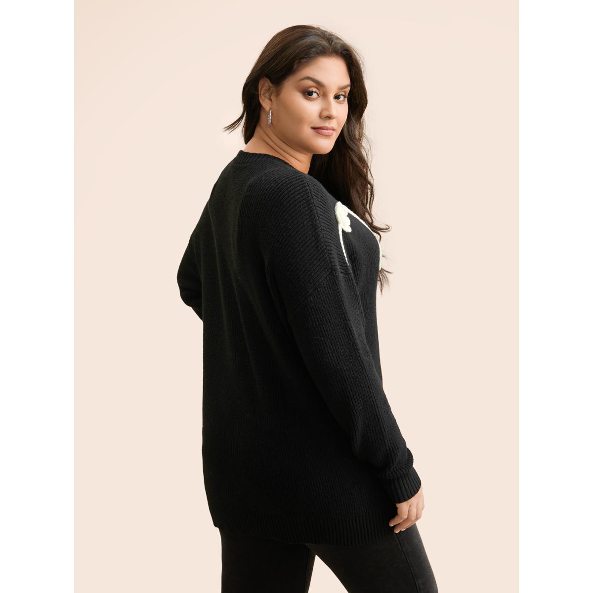 Plus Size Supersoft Essentials Crochet Floral Drop Shoulder Pullover Black Women Casual Loose Long Sleeve Round Neck Everyday Pullovers BloomChic 10/M Product Image