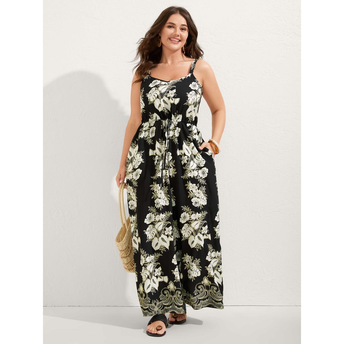 Plus Size Black Boho Floral Cami Pockets Jumpsuit Women Sleeveless Heart neckline Vacation Loose Jumpsuits BloomChic 22-24/3X Product Image