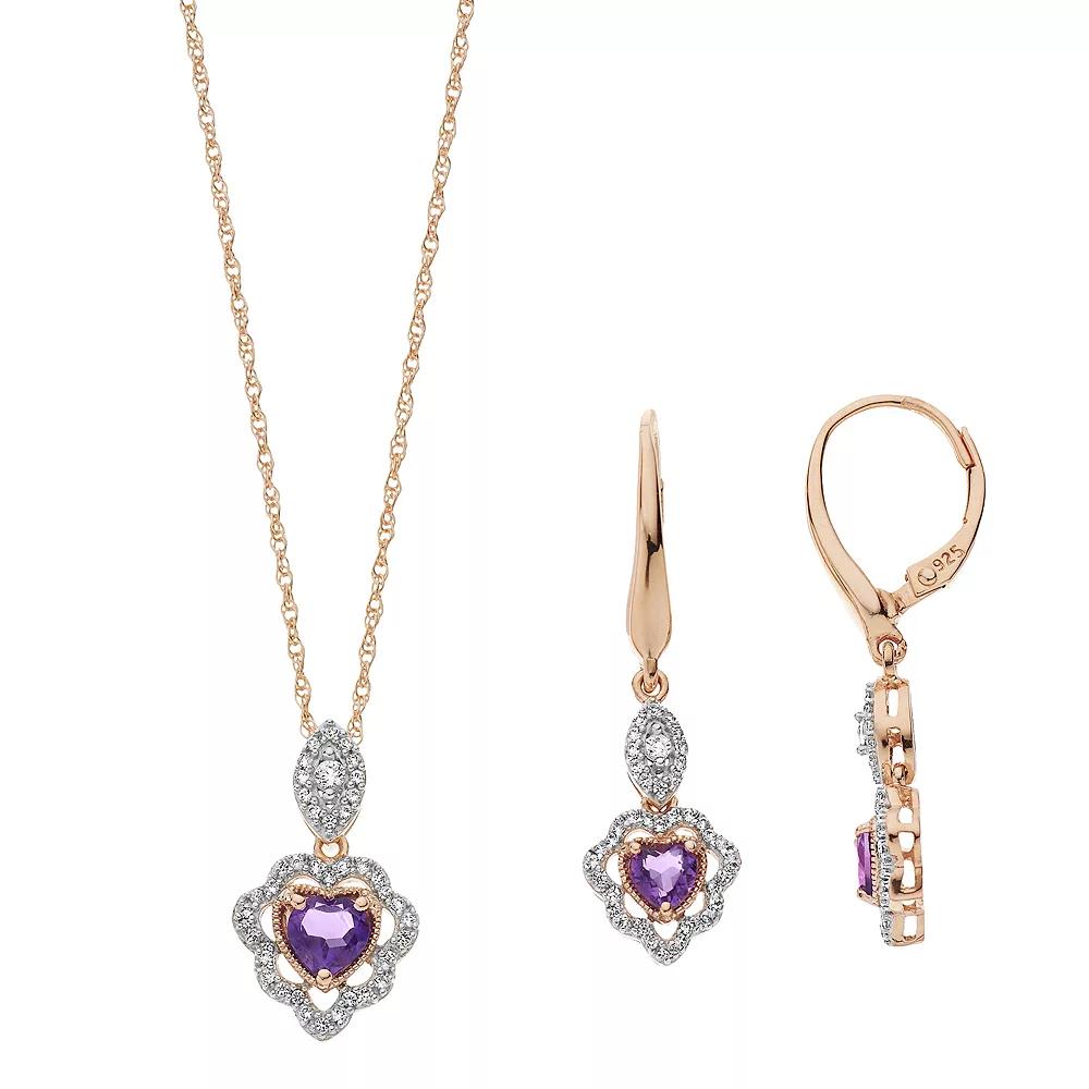 14k Rose Gold Over Silver Amethyst & Lab-Created White Sapphire Pendant & Earring Set, Women's, Size: 18", Two Tone Product Image