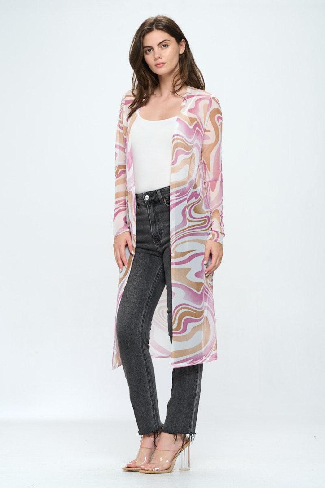 Long Sleeve Longline Duster In Swirl Printed Mesh Product Image