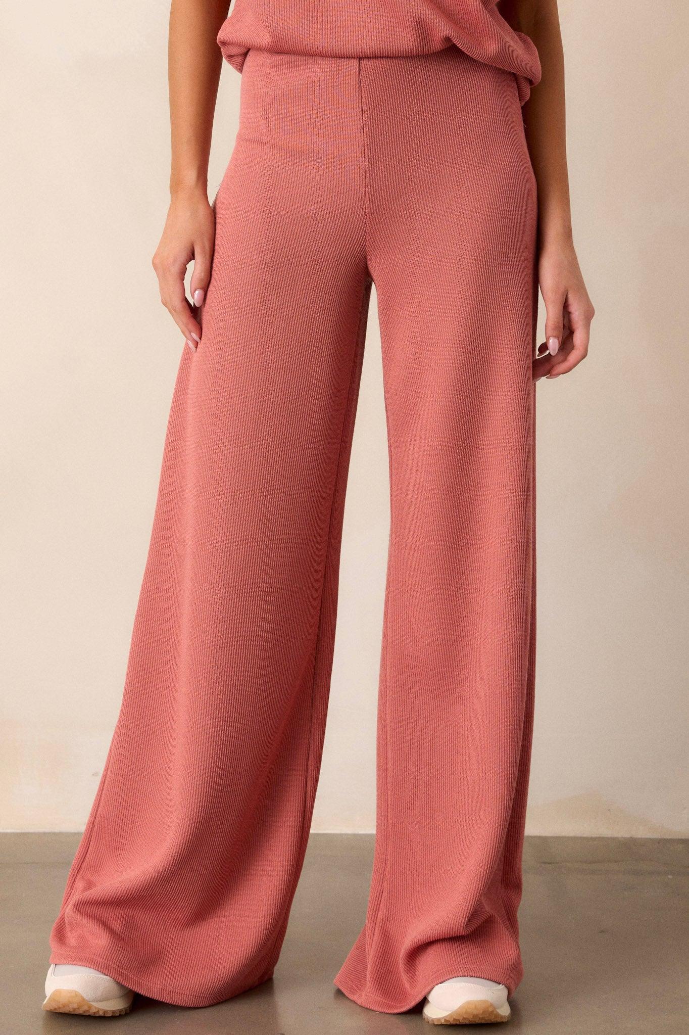 Waterfall Mist Pink Coral Knit Wide Leg Pants Product Image