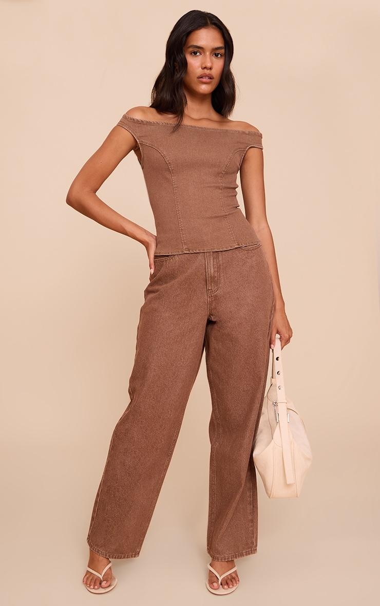 Brown Off The Shoulder Stretch Denim Top Product Image