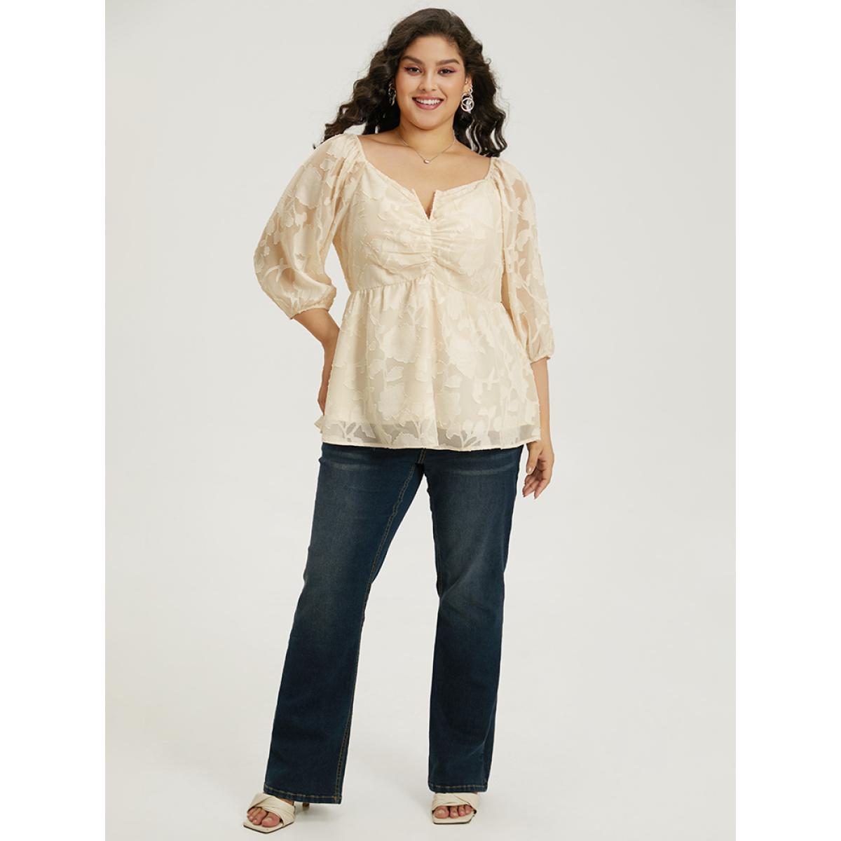 Plus Size Beige Plain Notched Ruched Lantern Sleeve Mesh Blouse Women Elegant Elbow-length sleeve Notched collar Dailywear Blouses BloomChic 12/L Product Image