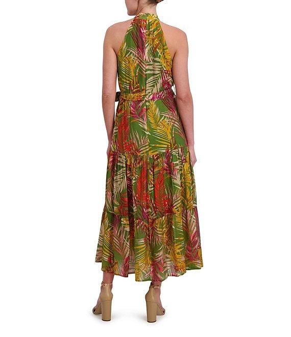 Anne Klein Halter Neck Sleeveless Tropical Print Chiffon Tiered Maxi Dress Product Image