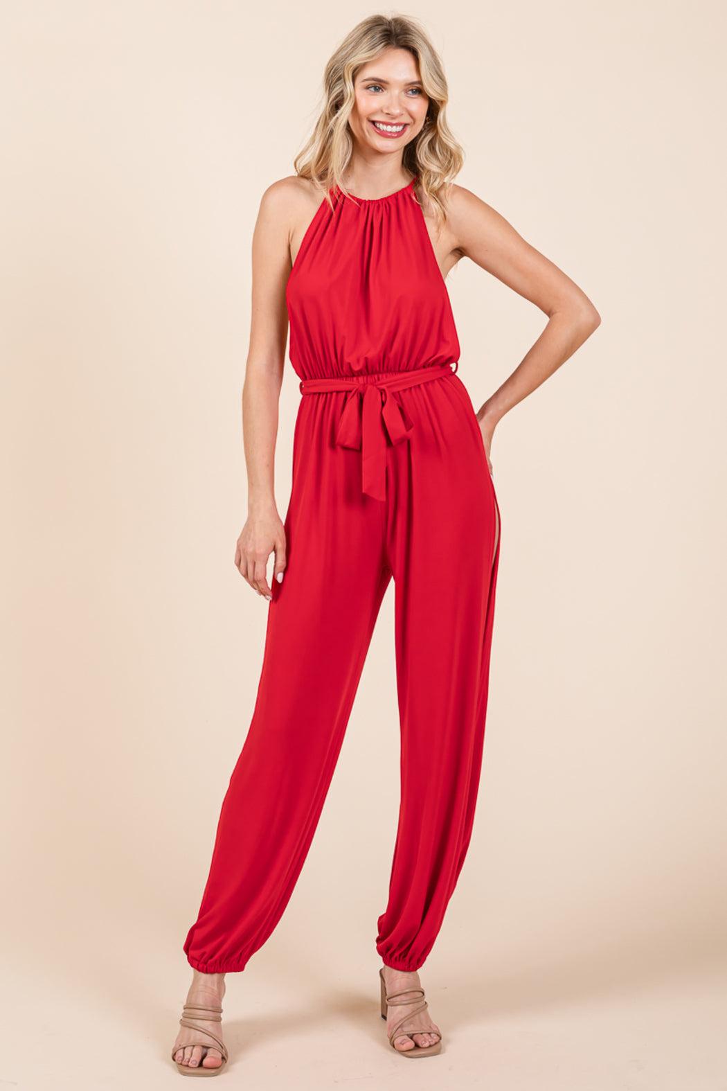 Halter Neck Shirred Belted Split Leg Jumpsuit Product Image