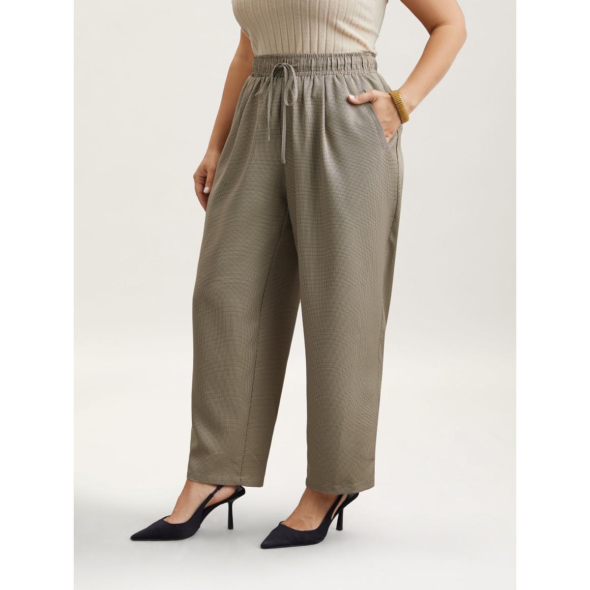 Plus Size Houndstooth Print Drawstring Waist Pants Women LightBrown Work From Home Straight Leg Mid Rise Work Pants BloomChic 12/L Product Image