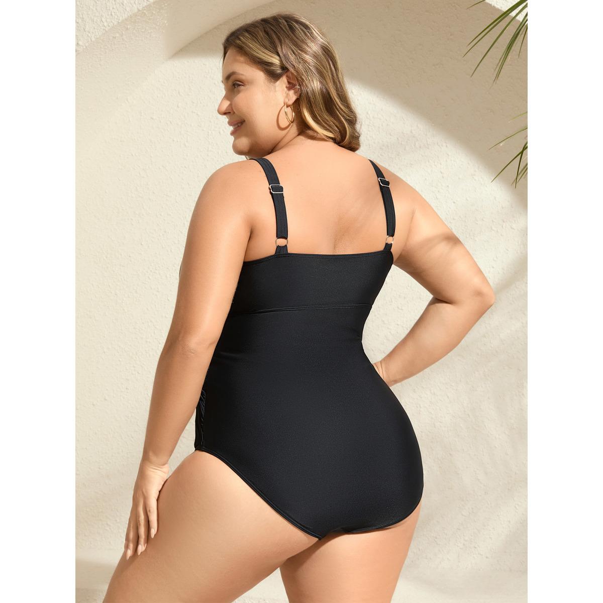 Plus Size Cross-Over Sheer One-Piece Swimsuit Women's Swimwear Black Beach Gathered Curve Bathing Suits High stretch One Pieces BloomChic 26/4X Product Image