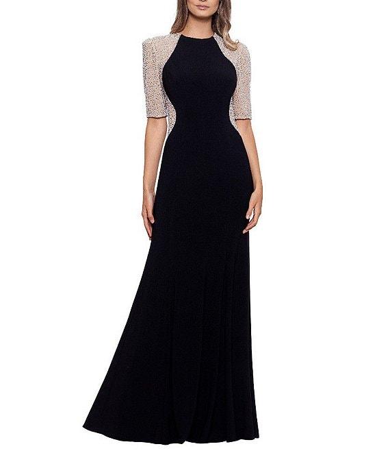 Xscape Caviar Beaded Mesh Short Sleeve Crew Neck Jersey Sheath Gown Product Image