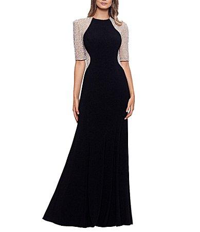 Xscape Caviar Beaded Mesh Short Sleeve Crew Neck Jersey Sheath Gown Product Image