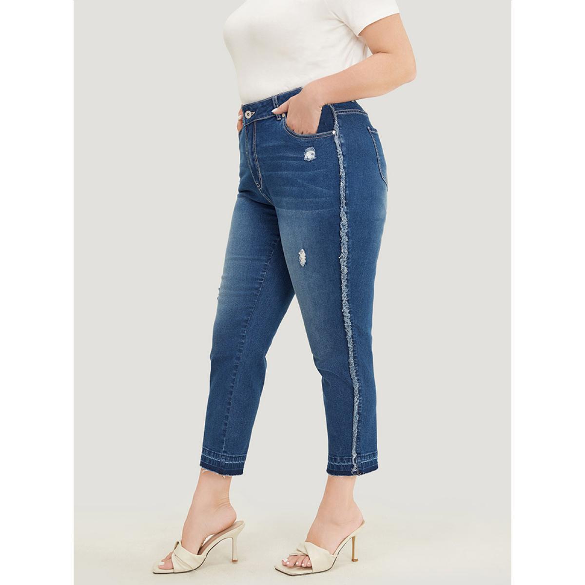 Plus Size Very Stretchy High Rise Medium Wash Raw Trim Jeans Women Blue Casual Plain Distressed High stretch Jeans BloomChic 30/6X Product Image