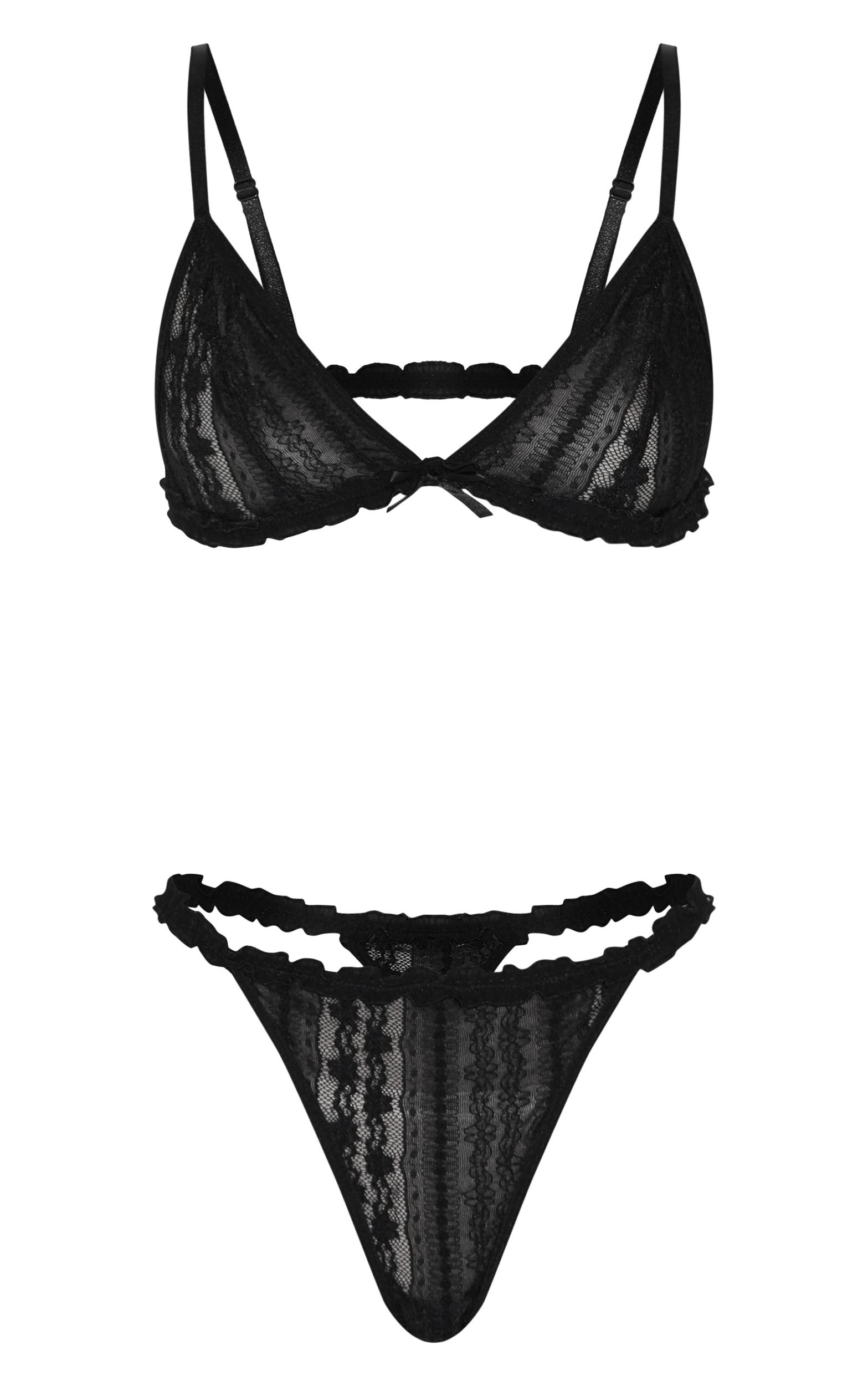 Black Textured Lace Triangle Lingerie Set Product Image