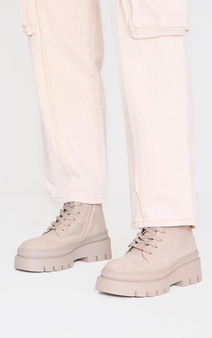 Beige Round Toe Chunky Sole Biker Boots Product Image