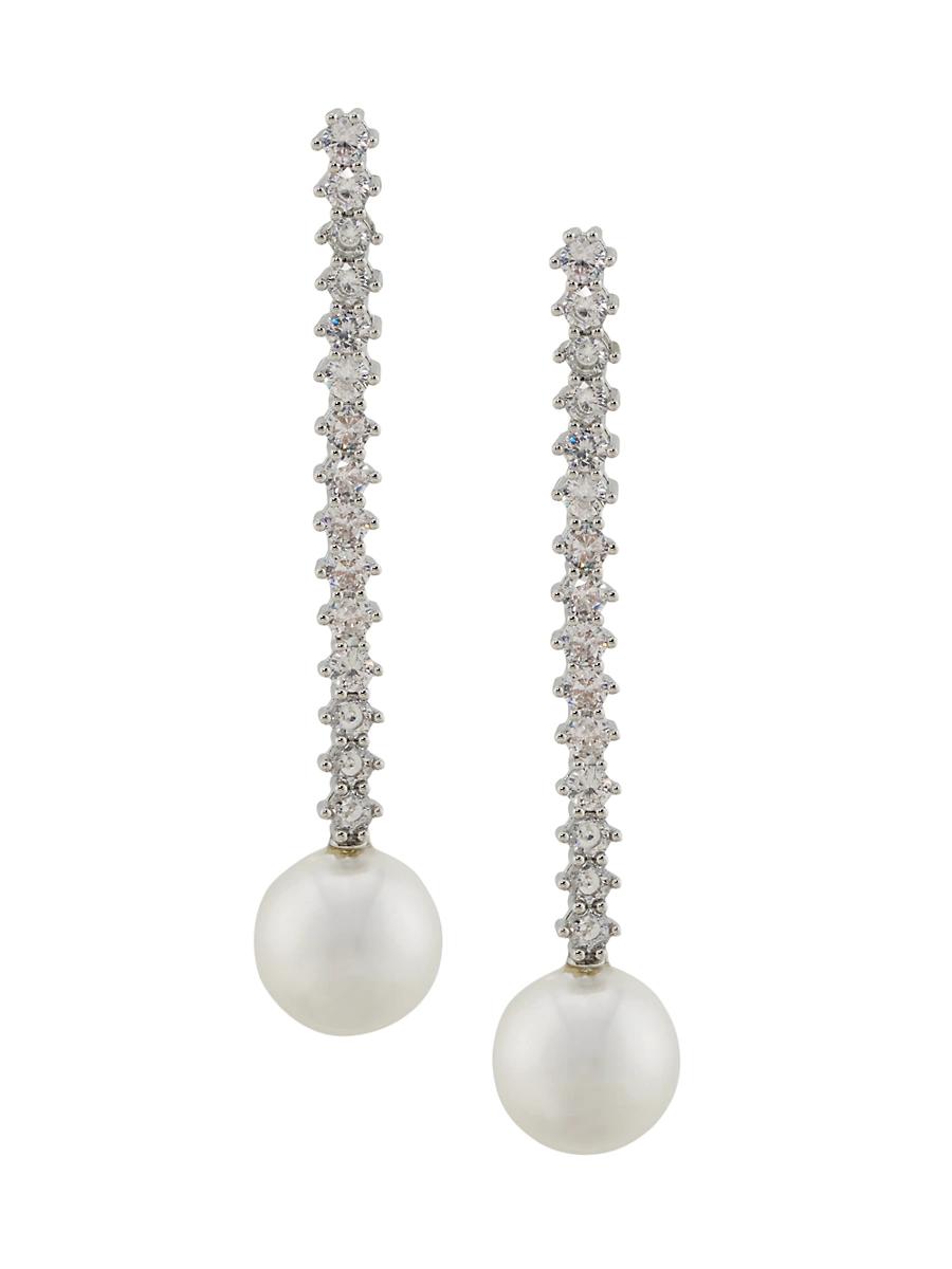 Womens Sterling Silver, Cubic Zirconia & Freshwater Pearl Tennis Drop Earrings Product Image