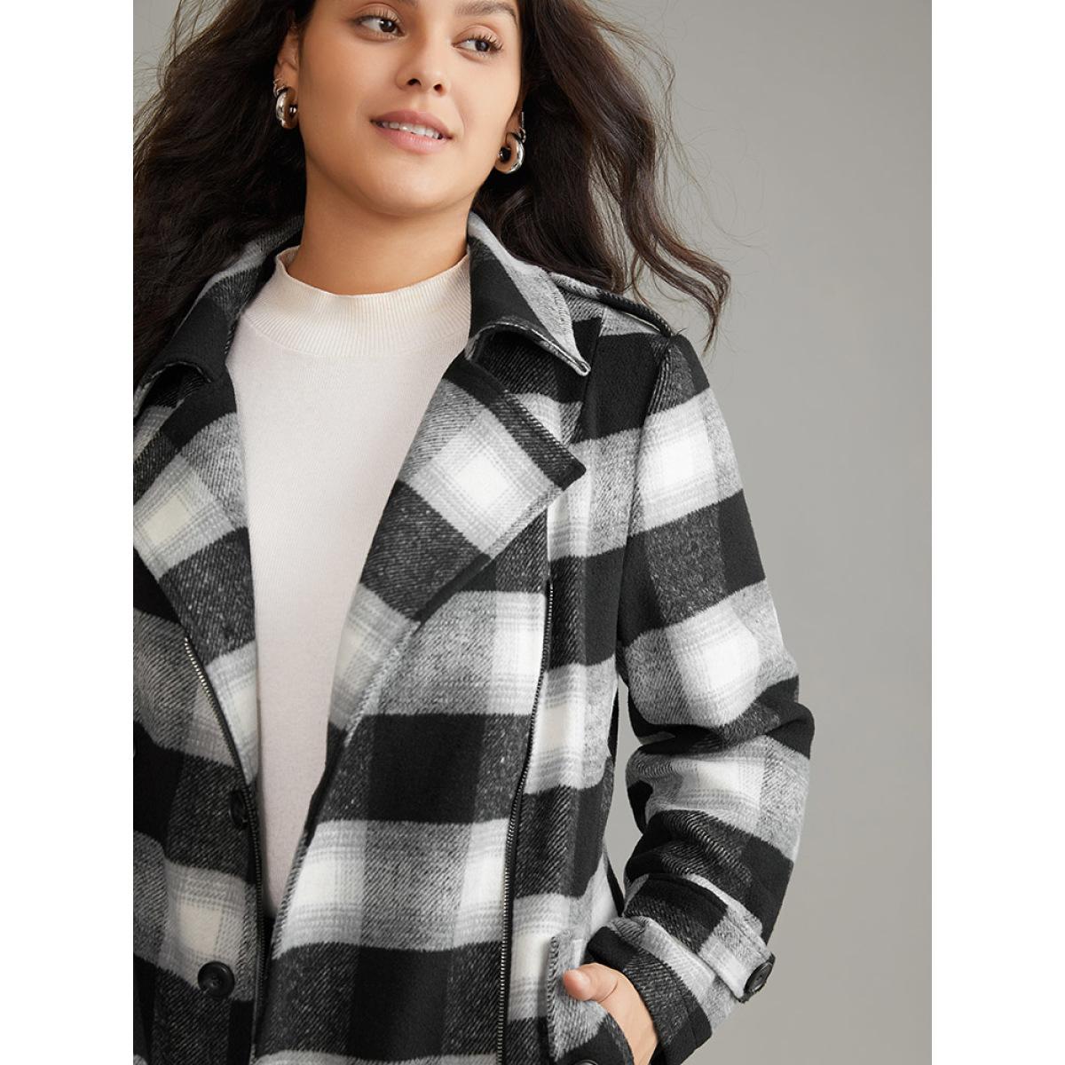 Plus Size Plaid Zipper Fly Double Breasted Detail Coat Women Black Casual Contrast Ladies Dailywear Winter Coats BloomChic 12/L Product Image