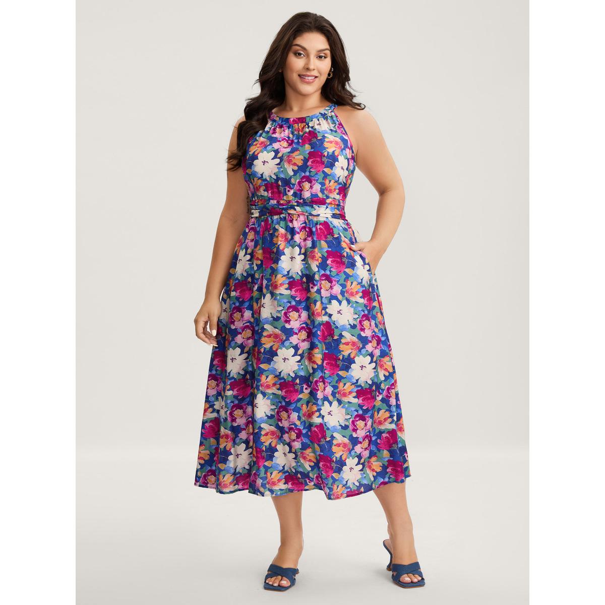 Plus Size Color Block Floral Shirred Waist Midi Dress Multicolor Women Round Neck Sleeveless Curvy BloomChic 10/M Product Image