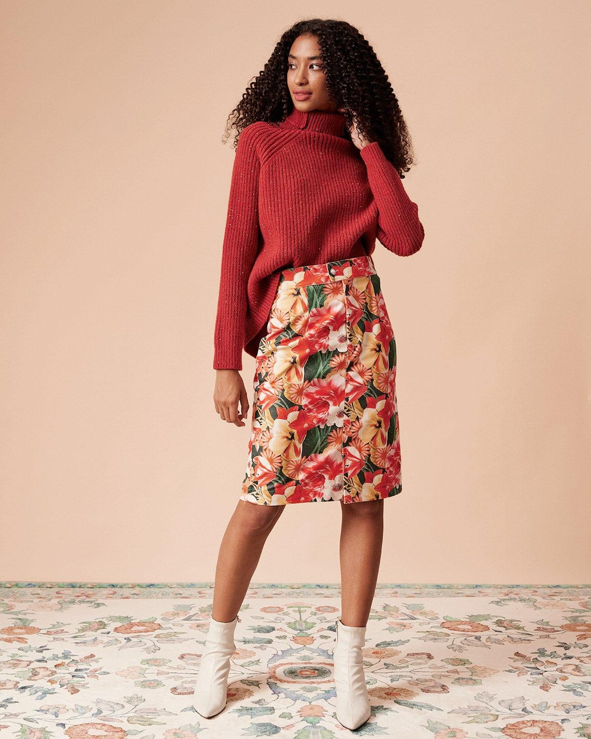 The High Waisted Corduroy Floral Skirt Product Image