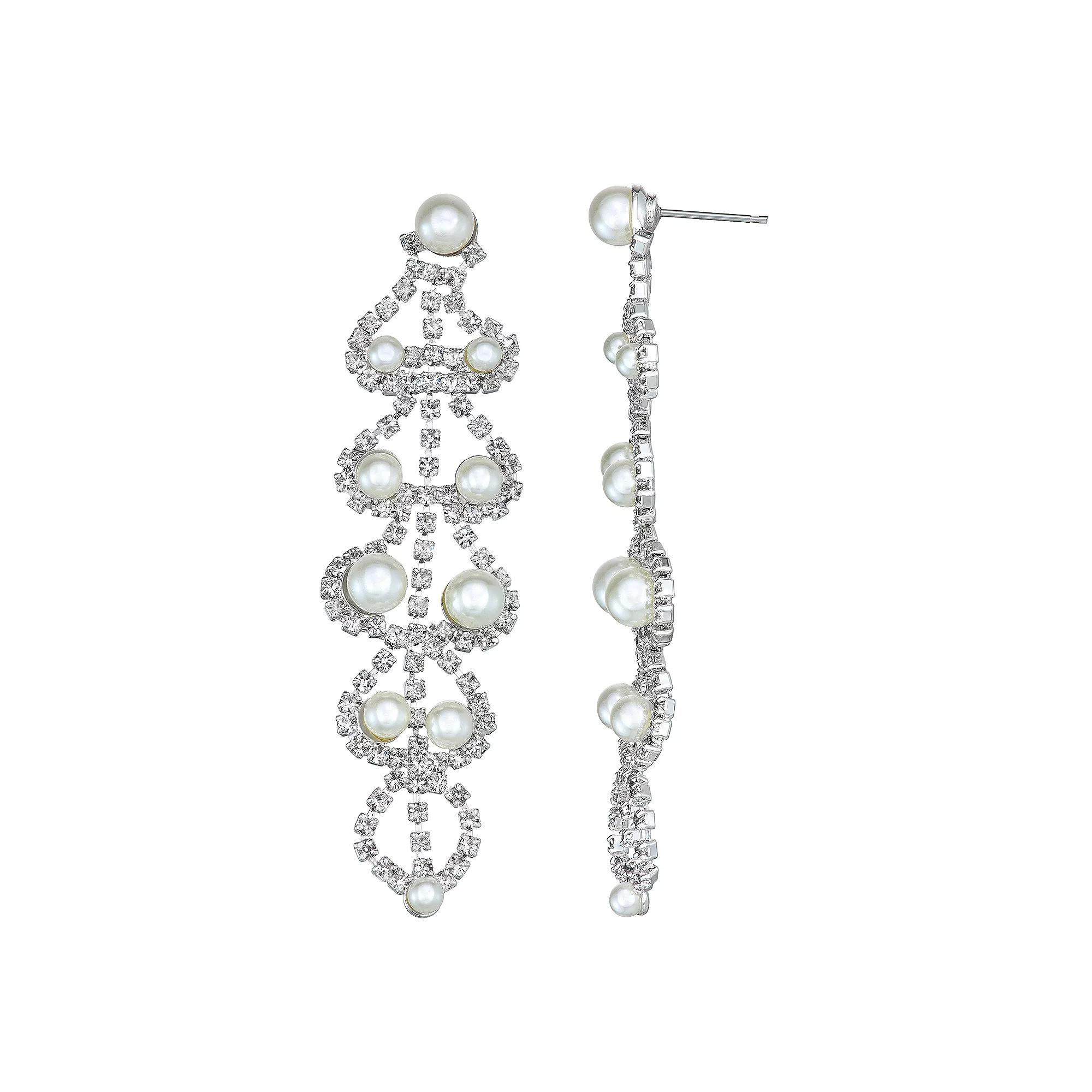 Vieste Simulated Crystal and Simulated Pearl Linear Scallop Nickel Free Earrings, Women's, Silver Tone Product Image