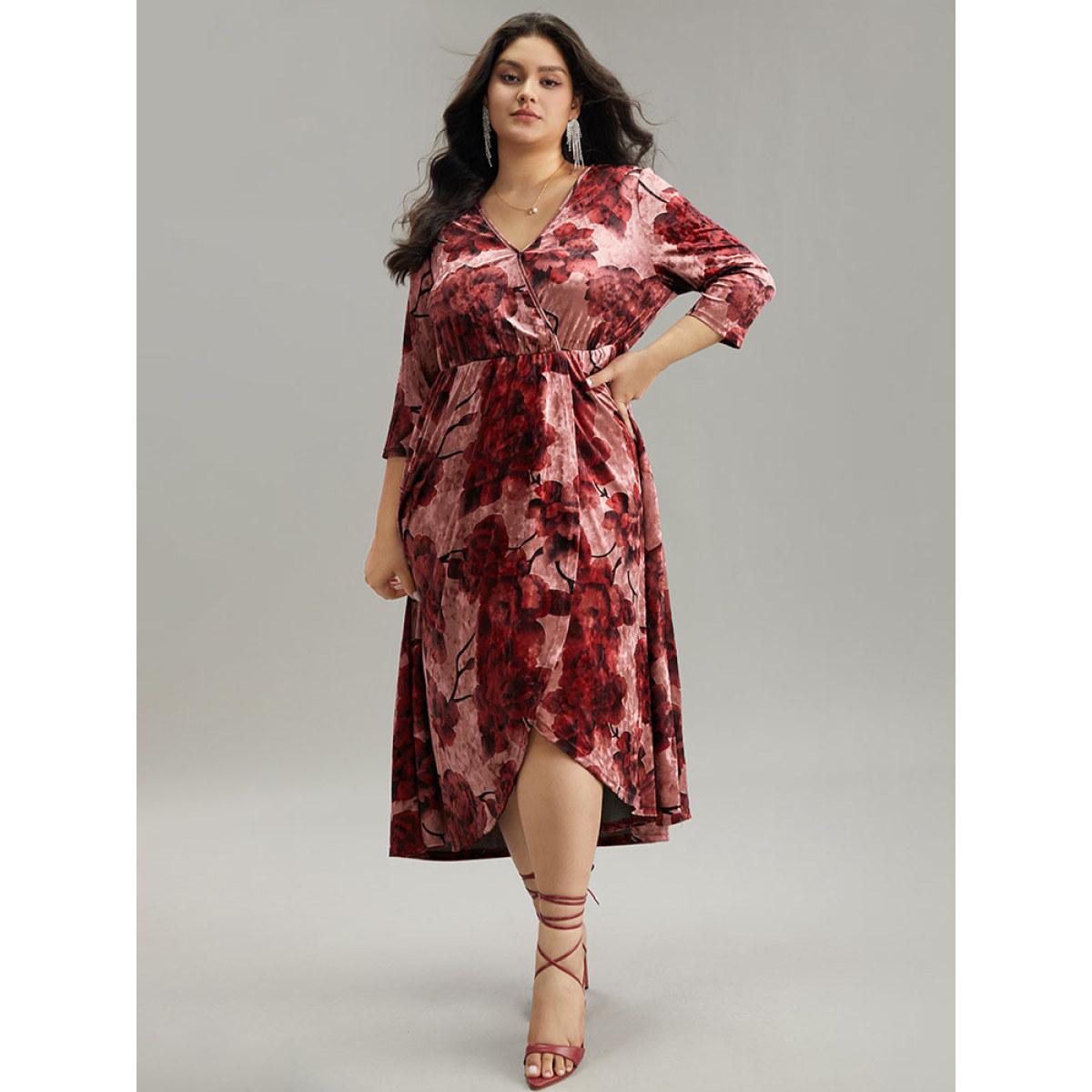 Plus Size Floral Velvet Elastic Waist Wrap Ruffle Hem Dress Maroon Women Glamour Velvet Overlap Collar Elbow-length sleeve Curvy Midi Dress BloomChic 26/4X Product Image