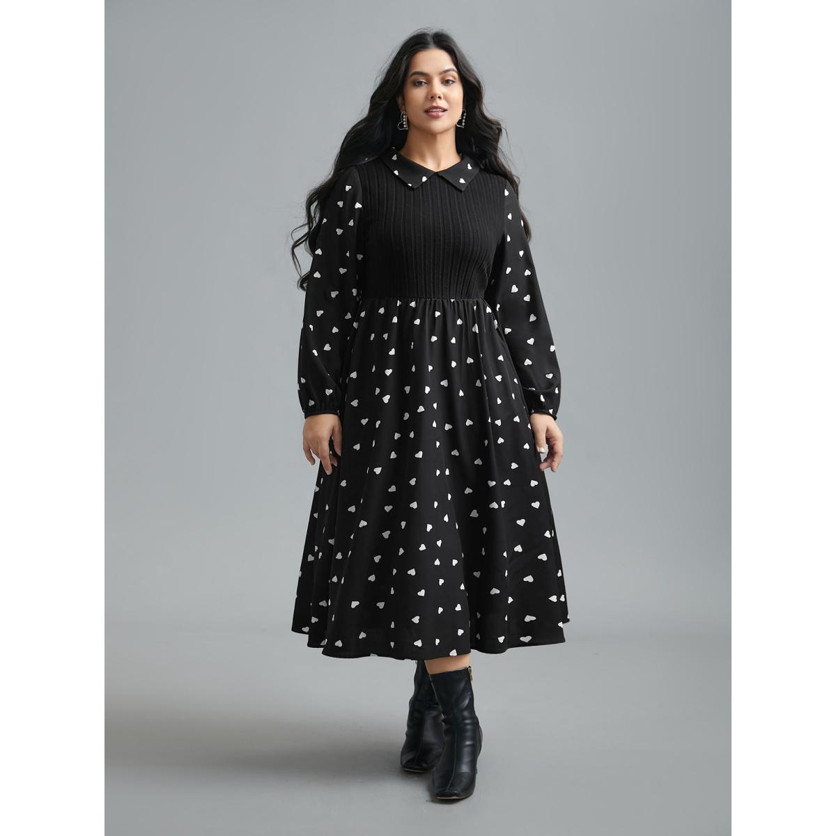 Plus Size Peter Pan Collar Heart Print Patchwork Dress Black Women Resort Texture Knit Dresses Bloomchic 18-20/2X Product Image
