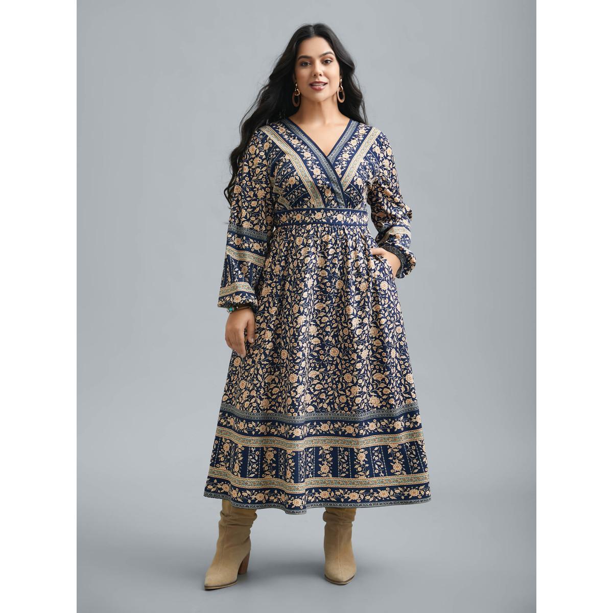 Plus Size Surplice Neck Boho Print Elastic Waist Dress Indigo Women Resort Non Overlap Collar Long Sleeve Curvy BloomChic 12/L Product Image