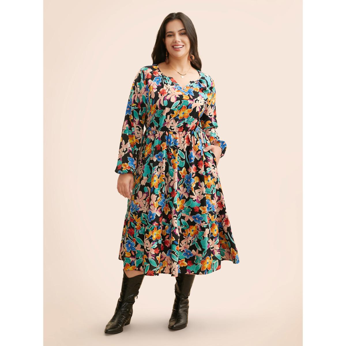 Plus Size Colored Floral Notched Elastic Waist Midi Dress Black Women Elegant Gathered Flat collar with V-notch Extra Long Sleeve Curvy BloomChic 22-24/3X Product Image