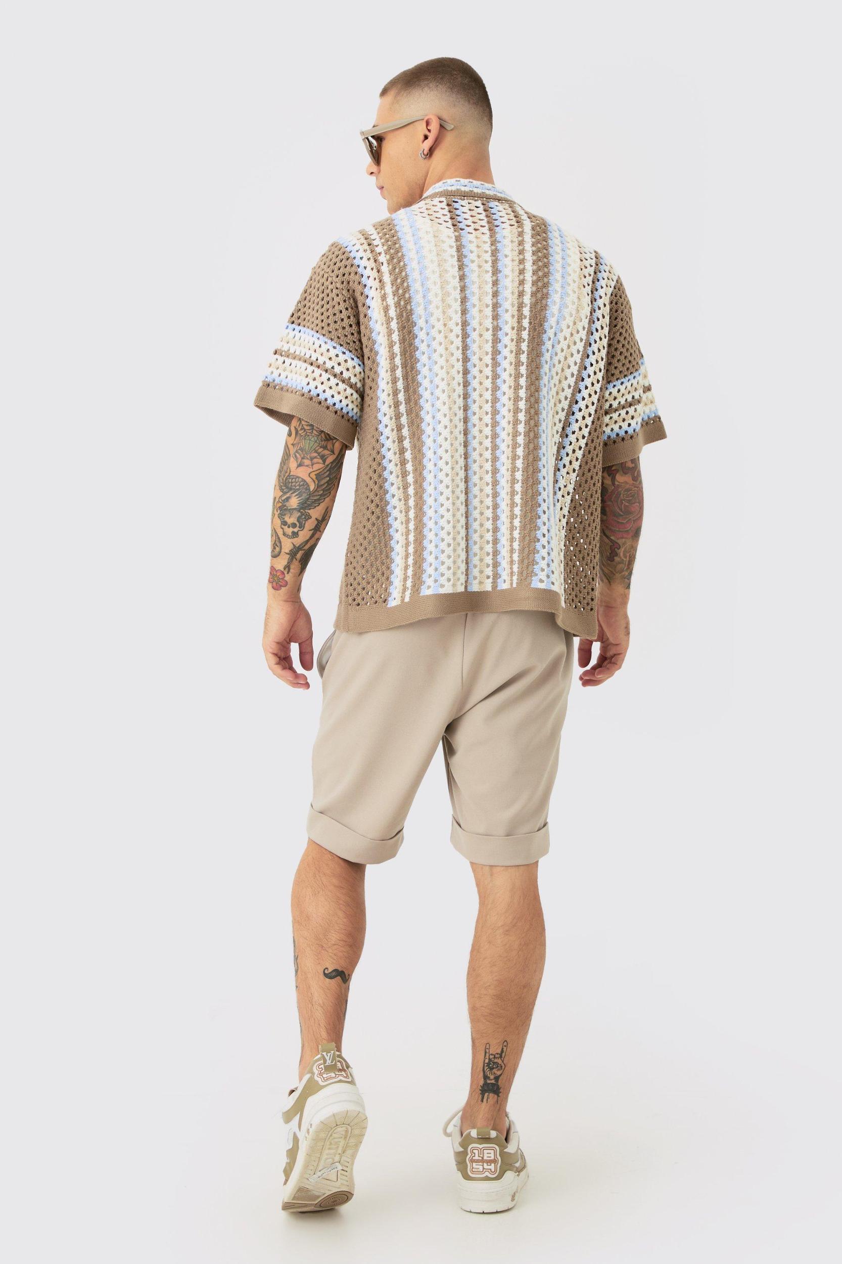 Oversized Boxy Revere Open Knit Stripe Shirt | boohooMAN USA Product Image