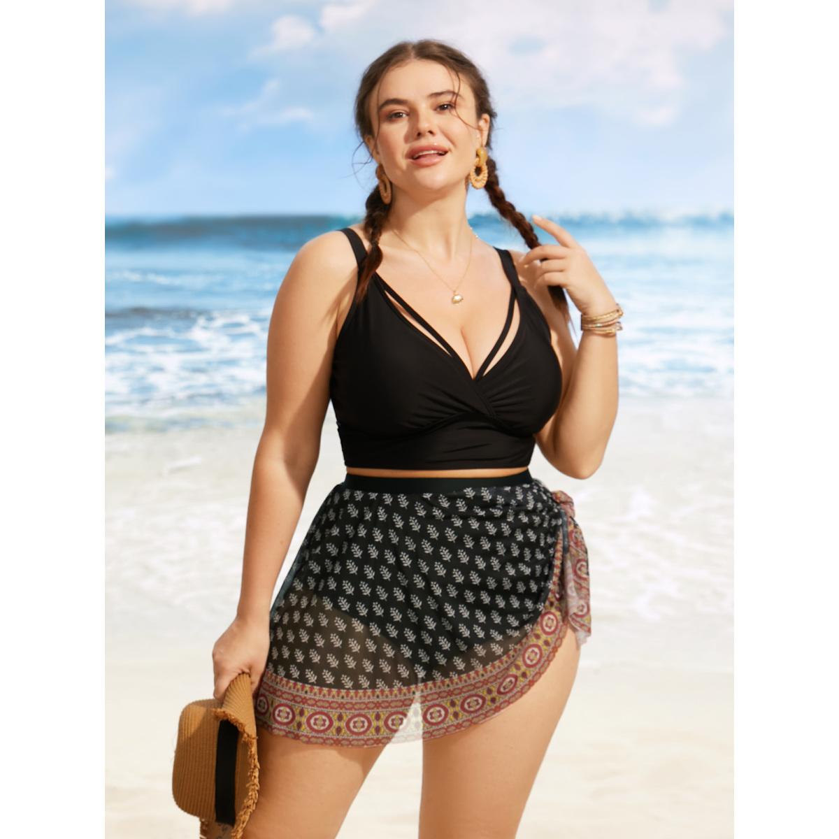 Plus Size Bandana Tie Knot Slit Hem Swim Bottom Women's Swimwear Black Beach Tie knot High stretch Bodycon High Rise Curve Swim Bottoms BloomChic 30/6X Product Image
