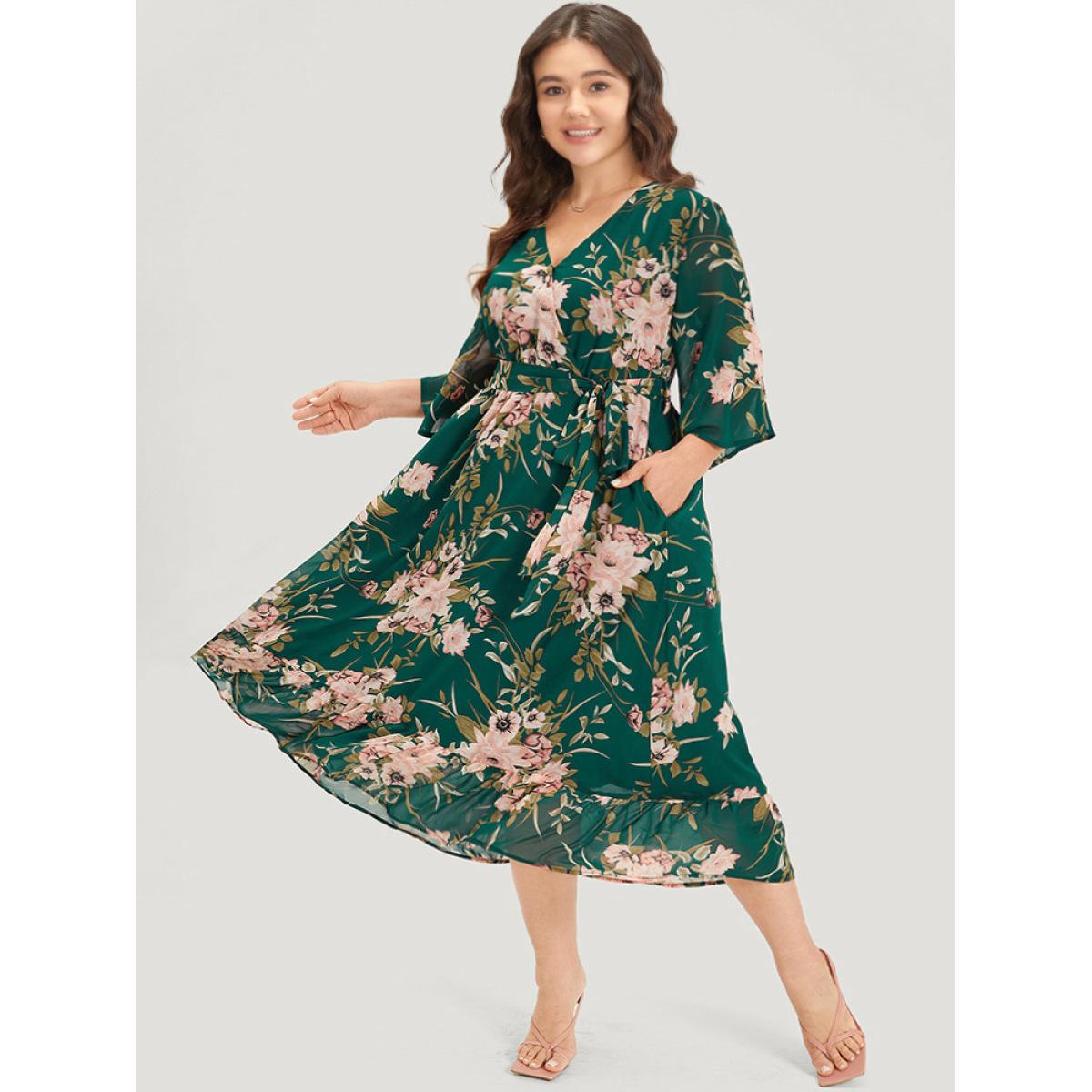 Plus Size Floral Print Surplice Neck Belted Dress DarkGreen Women Elegant Lined V-neck Elbow-length sleeve Curvy Midi Dress BloomChic 22-24/3X Product Image