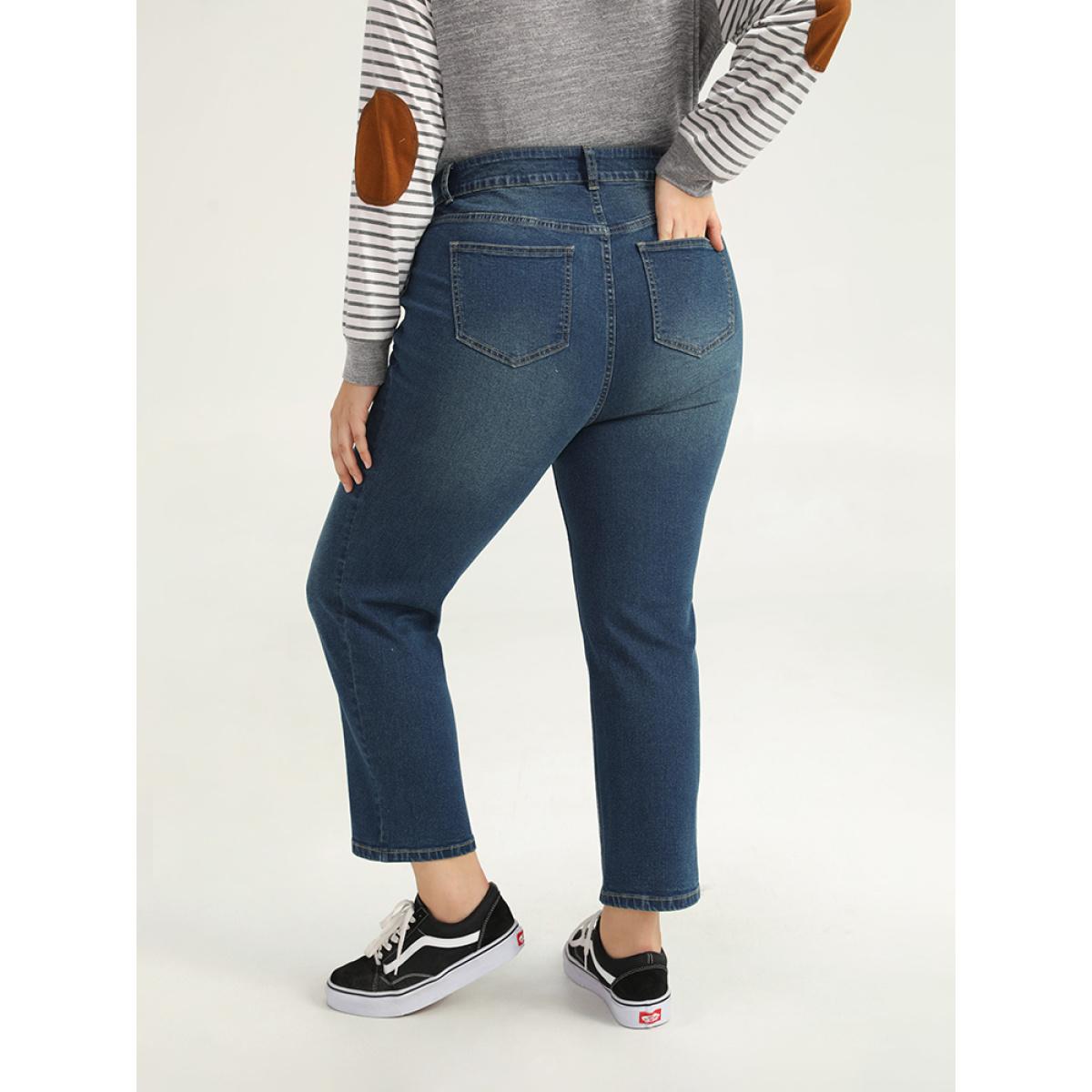 Plus Size Plain Medium Wash Straight Leg Jeans Women Indigo Casual Plain Plain High stretch Pocket Jeans BloomChic 16/1X Product Image