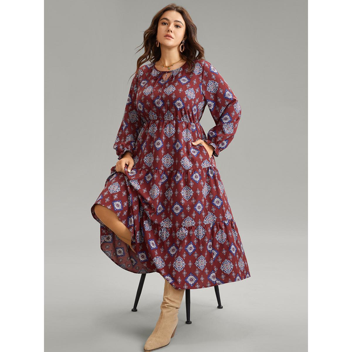 Plus Size Boho Print Knot Neck Pocket Lantern Sleeve Dress Scarlet Women Vacation Cross straps Tie Neck Long Sleeve Curvy Midi Dress BloomChic 12/L Product Image